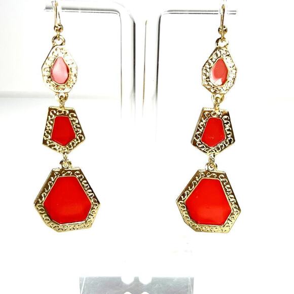 Red Orange Faceted Acrylic Gemstone Dangle Drop Earrings Gold Metal Geometric - Picture 2 of 4